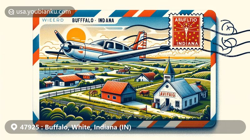 Modern illustration of a creative aviation-themed envelope with Indiana state stamp, 'March 13, 2024' postmark, and '47925' ZIP code. Inside reveals elements symbolizing Buffalo, Indiana, like subtle map outline of White County, pastoral countryside view hinting at a tranquil community, and typical census-designated place like a small church or grocery store. Evokes community spirit and serene rural beauty of Indiana. Incorporates 'Buffalo, Indiana' name and bright color palette to convey region's positivity and warmth.