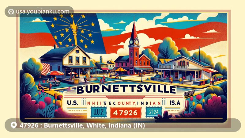 Modern illustration of Burnettsville, White County, Indiana, capturing the essence of a peaceful small town with a vibrant Community Day celebration and Indiana state flag.
