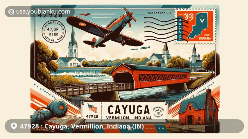 Modern illustration of Cayuga, Vermillion County, Indiana, inspired by aviation-themed envelope postcard with Eugene Covered Bridge and Colonial Brick Corporation, incorporating Indiana state symbols and ZIP code 47928.