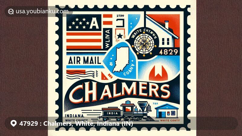 Contemporary illustration of Chalmers, Indiana, in White County, showcasing air mail envelope with Indiana state flag and White County outline, highlighting town's railway history and ZIP code 47929.