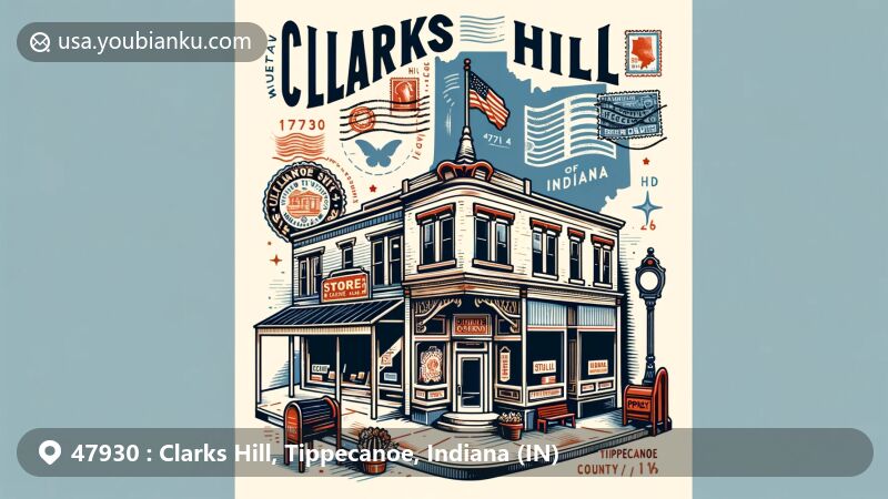 Modern illustration of Clarks Hill, Tippecanoe County, Indiana, highlighting small-town charm with corner storefronts on White and Division streets and vintage postal theme with ZIP code 47930.