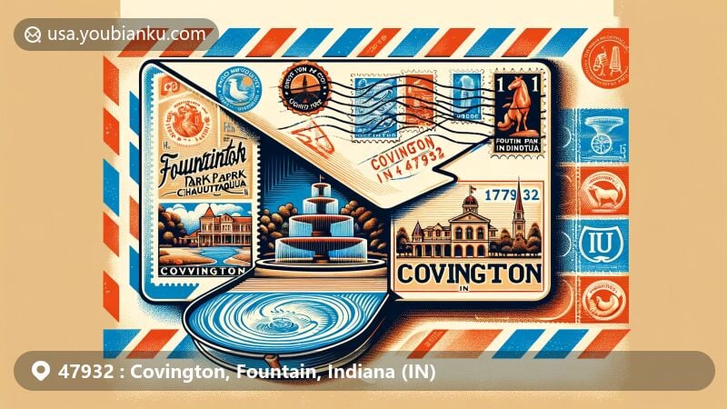 Modern illustration of Covington, Fountain, Indiana (IN) showcasing postal theme with ZIP code 47932, featuring Fountain Park Chautauqua and Covington landmarks on an unfolded airmail envelope.