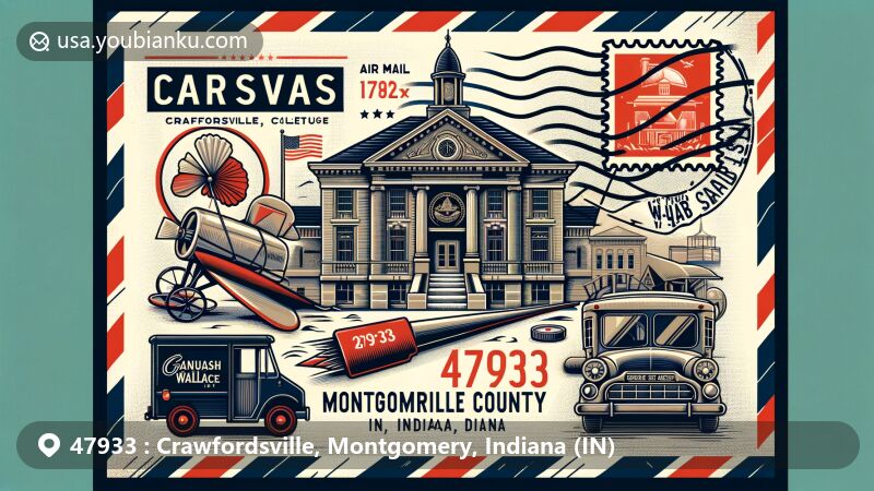 Modern depiction of Crawfordsville, Indiana, ZIP code 47933, featuring vintage air mail envelope design with key landmarks like Wabash College, General Lew Wallace Study & Museum, Sugar Creek, and Indiana state flag.