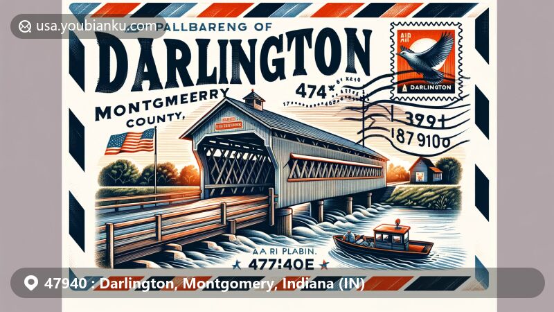 Modern illustration of Darlington, Montgomery County, Indiana, showcasing postal theme with ZIP code 47940, featuring Darlington Covered Bridge and Fish Fry & Festival, framed in an air mail envelope.