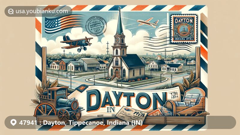 Modern illustration of Dayton, Tippecanoe County, Indiana, featuring the historical charm of the town since 1827, highlighting Memorial Presbyterian Church and the Dayton Historic District within a vintage air mail envelope with postal heritage elements for ZIP code 47941.