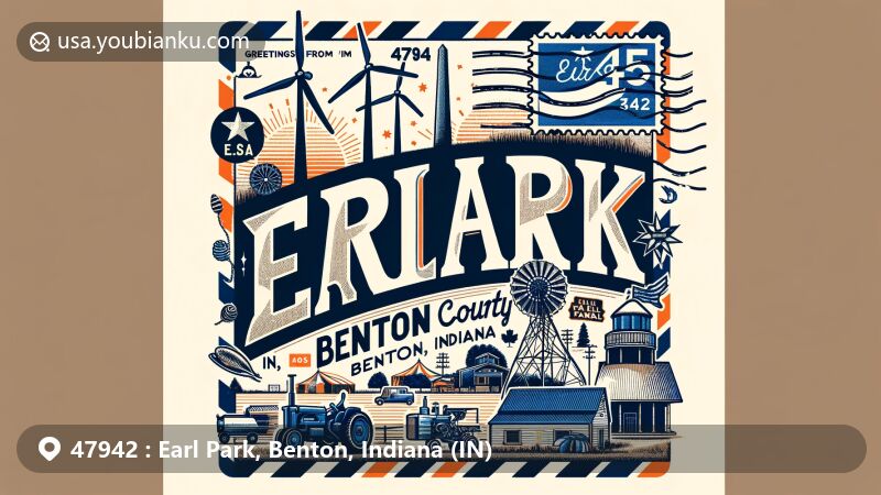 Modern illustration of Earl Park, Benton County, Indiana, highlighting renewable energy with Benton County Wind Farm, historical significance with Sumner Monument, cultural vibrancy with Fall Festival, and postal features like airmail border, Indiana stamp, and vintage script.