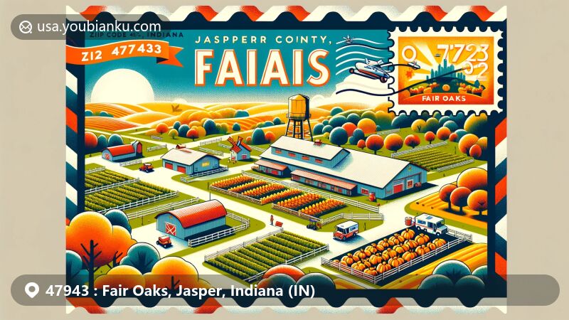 Modern illustration of Fair Oaks, Jasper County, Indiana, portraying postal theme with ZIP code 47943, featuring Fair Oaks Farms' agritourism attractions like dairy adventures, apple picking, and pumpkin patch.