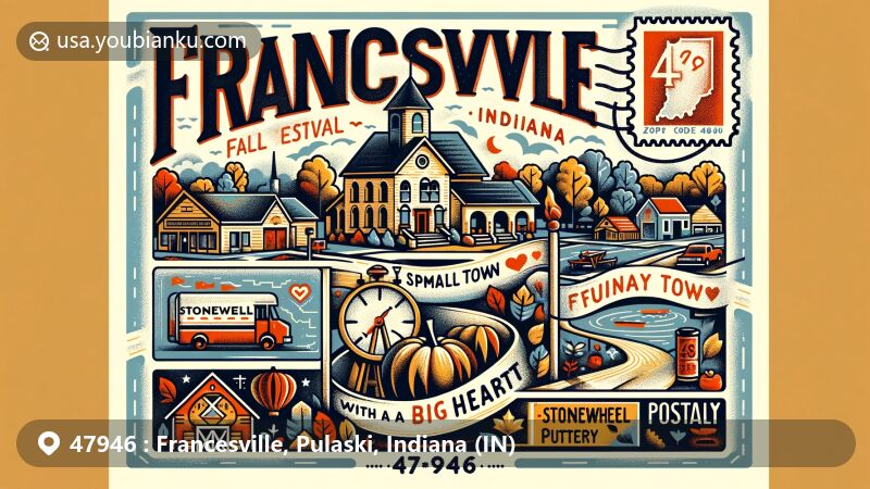 Modern illustration of Francesville, Indiana, showcasing the annual Fall Festival with food, games, and fellowship, Stonewheel Pottery's unique creations, and a welcoming sign with the motto 'A small town with a big heart'. Postal elements include an aerial stamp of Indiana and vintage postal mark with ZIP code 47946.