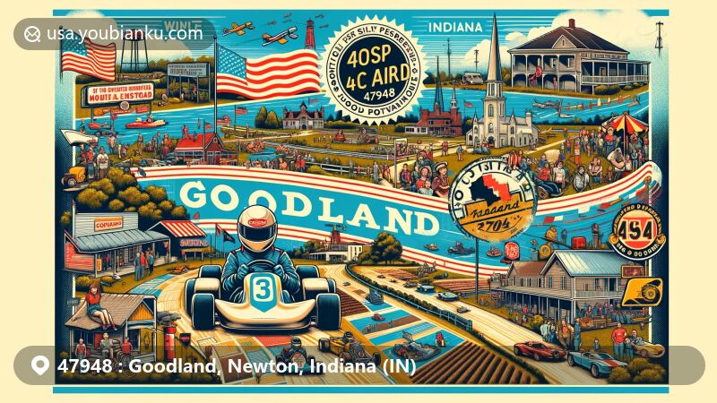 Modern illustration of Goodland, Indiana, showcasing postal card design with ZIP code 47948, featuring landmarks like the Goodland Grand Prix kart racing event and the Goodstock Music Festival, symbolizing community spirit and rural charm.
