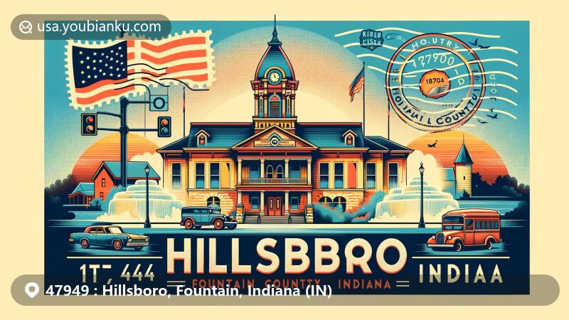 Illustration of Hillsboro, IN 47949, featuring Fountain County Courthouse against rural backdrop, with vintage postcard layout, prominent ZIP code '47949' stamp, and postmark effect, symbolizing communication and postal system.