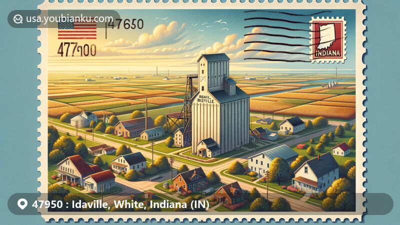 Modern illustration of Idaville, White County, Indiana, focusing on agricultural heritage with a grain elevator, surrounded by rural landscapes under a peaceful sky, set in a vintage postcard layout with ZIP code 47950 and Indiana state symbols.