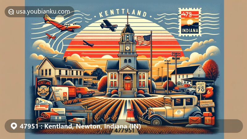 Modern illustration of Kentland, Newton County, Indiana, highlighting postal theme with ZIP code 47951, featuring town hall, farmland, and sunset backdrop.