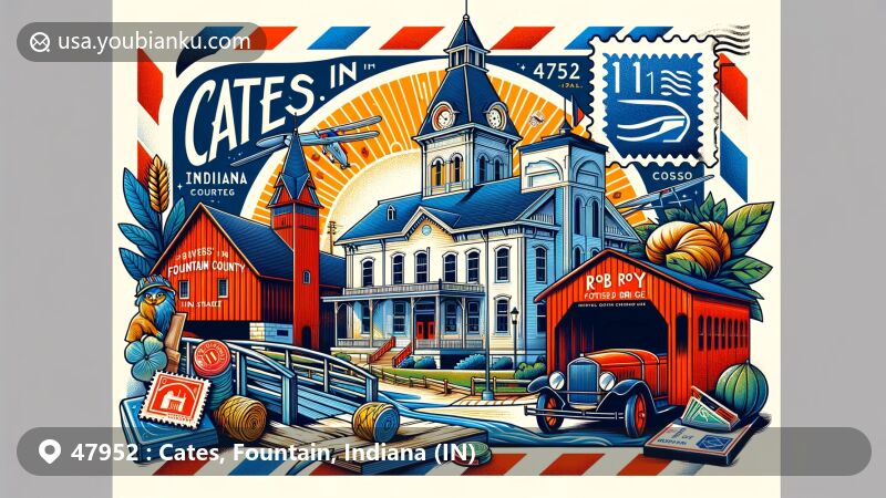 Modern illustration of Cates, Fountain County, Indiana, featuring postal theme with ZIP code 47952, showcasing iconic landmarks like Fountain County Courthouse and Rob Roy Covered Bridge.