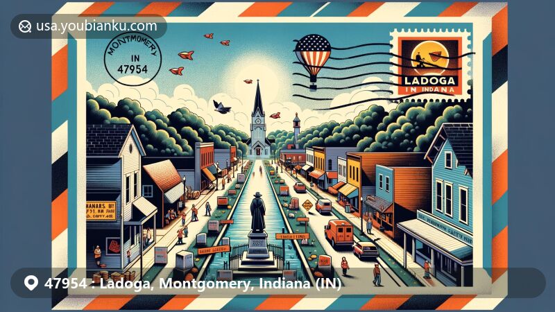 Modern illustration of Ladoga, Indiana, featuring Ladoga Fish Fry and Festival, Thomas Jefferson Allnut gravesite, Indiana State Road 234, Shades State Park, and Big Raccoon Creek in an air mail envelope design.