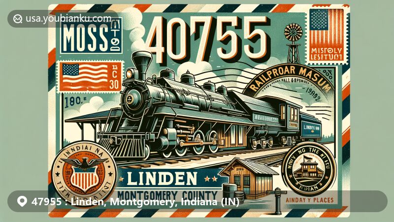 Modern illustration of Linden, Montgomery County, Indiana, highlighting ZIP code 47955, featuring Linden Railroad Museum, vintage postal elements, and Indiana state symbols.