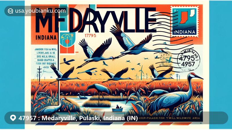 Modern illustration of Medaryville, Pulaski, Indiana, displaying postal theme with ZIP code 47957, highlighting Jasper-Pulaski Fish & Wildlife Area and sandhill cranes.
