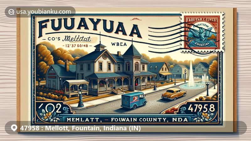 Modern illustration of Mellott, Fountain County, Indiana, featuring postal theme with ZIP code 47958, showcasing local charm, rural landscape, vintage post office, and Chautauqua tradition in Fountain Park.