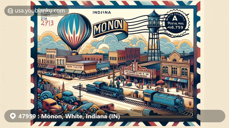 Modern illustration of Monon, White County, Indiana, showcasing postal theme with ZIP code 47959, featuring Monon Railroad, Monon Theater, and town landmarks in a vibrant and energetic setting.