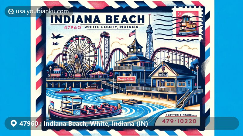 Modern illustration of Indiana Beach, White County, showcasing amusement park attractions like roller coaster, Shafer Queen paddle wheel riverboat, and bumper boats against backdrop of Monticello's natural beauty and Lake Shafer, in theme of air mail envelope with Indiana state flag stamp and postmark for Indiana Beach, 47960, featuring postal elements.