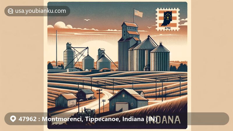 Modern illustration of Montmorenci, Indiana, emphasizing agricultural heritage and community identity with iconic grain elevators and vintage postcard elements, set against a serene dusk landscape and Indiana state flag.