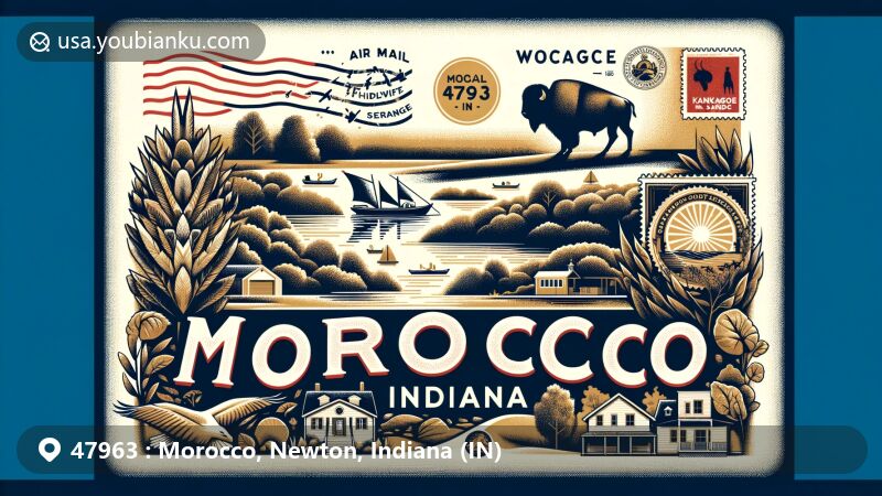 Modern illustration of Morocco, Indiana, Newton County, highlighting the town's postal heritage with vintage airmail envelope displaying ZIP code 47963. The artwork includes scenic elements like Willow Slough Fish and Wildlife Area and Kankakee Sands.
