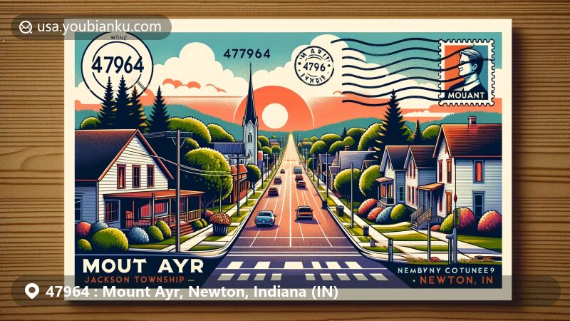 Contemporary illustration of Mount Ayr, Newton County, Indiana, representing zip code area 47964 with a focus on rural charm and community life, featuring postal elements like vintage postal stamp, old-fashioned post box, and a mail carrier bag.