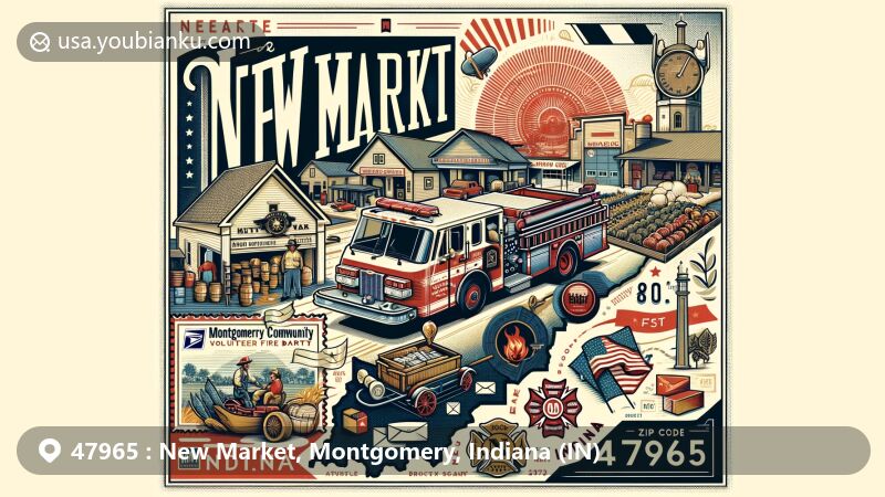 Modern illustration of New Market, Montgomery County, Indiana, featuring ZIP code 47965, showcasing Indiana state symbols and postal theme with vintage postcard elements and Engine 601 of the New Marker Community Volunteer Fire Department.