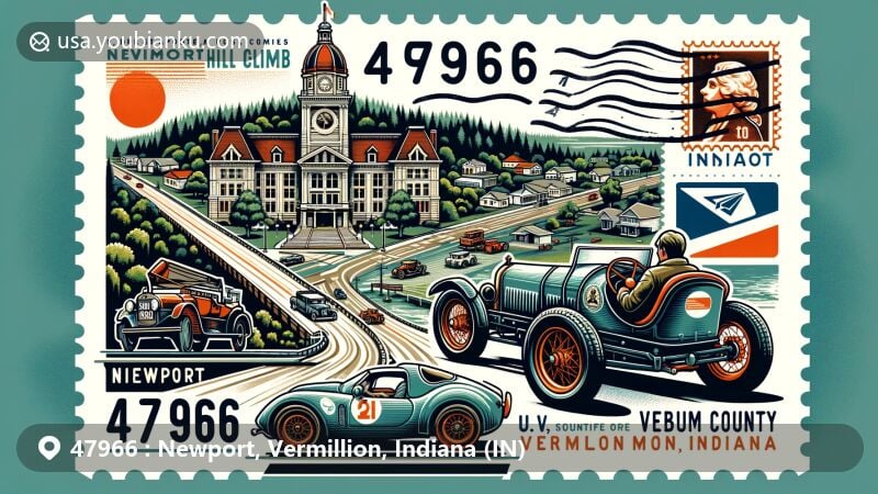 Modern illustration of Newport, Vermillion County, Indiana, showcasing postal theme with ZIP code 47966, featuring Antique Auto Hill Climb, Vermillion County Courthouse, rivers, and forested landscapes.