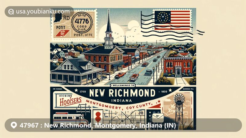 Modern illustration of New Richmond, Indiana, featuring ZIP code 47967, showcasing small-town atmosphere with downtown area and historic post office, paying homage to 'Hoosiers' movie with movie clapboard and Hickory sign.