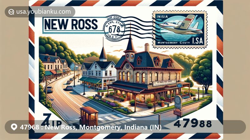 Modern illustration of New Ross, Montgomery, Indiana, showcasing postal theme with ZIP code 47968, featuring New Ross Post Office and local landmarks in a vibrant and engaging way.