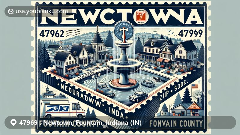 Modern illustration of Newtown, Indiana, blending postal charm with ZIP code 47969, featuring Fountain County's outline, traditional American houses, and Indiana's rural landscapes.