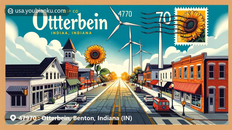 Modern illustration of Otterbein, Indiana, displaying postcard design with Main Street, local agriculture, wind turbines, postal elements, and a sunflower mural.