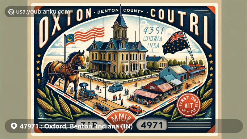 Modern illustration of Oxford, Benton County, Indiana, resembling an air mail envelope, showcasing key elements such as Benton County Courthouse, Dan Patch, Indiana state flag, Farmer’s Market, and corn motifs.