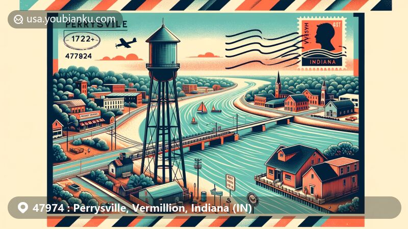 Modern illustration of Perrysville, showcasing small town charm in Indiana, with historic architecture and scenic rural landscapes.