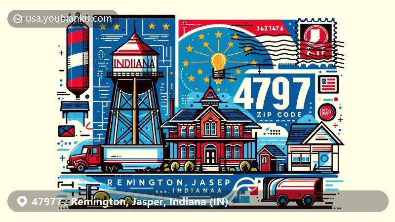 Modern illustration of Remington, Jasper County, Indiana (IN), showcasing postal theme with ZIP code 47977, featuring Indiana state flag, Jasper County outline, historic water tower, and postal elements like a postage stamp, postmark, mail truck, and mailbox.