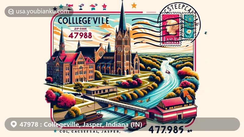 Vintage postcard-style illustration of Collegeville, Jasper, Indiana, capturing the essence of ZIP code 47978 with Saint Joseph's College, Patoka River, and iconic landmarks.