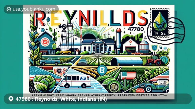 Modern illustration of Reynolds, White County, Indiana, showcasing the town's small-town charm and commitment to sustainable energy through the BioTown USA initiative, featuring ZIP code 47980 and vintage postal elements.