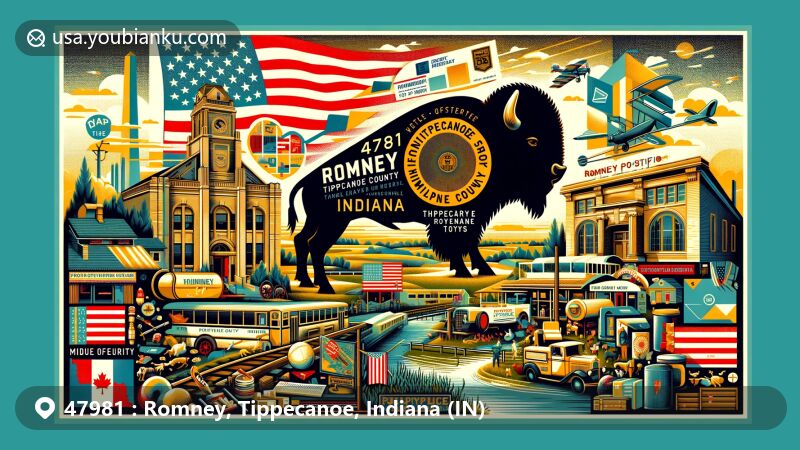 Modern illustration of Romney, Tippecanoe County, Indiana, featuring the Romney Post Office and Toy Shop, with subtle references to Purdue University, the Battle of Tippecanoe, and the buffalo fish symbol.