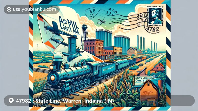 Creative illustration of State Line, Warren County, Indiana, showcasing historical train, State Line Christian Church, grain elevators, Indiana map, vintage stamp of Abraham Lincoln, and 'State Line, IN 47982' postmark.