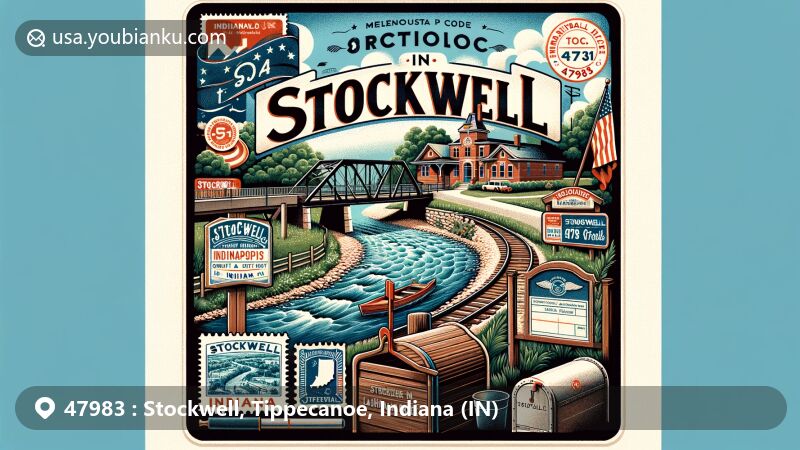 Modern illustration of Stockwell, Tippecanoe, Indiana, showcasing postal theme with ZIP code 47983, highlighting Indianapolis, Cincinnati, and Lafayette Railroad, Lauramie Creek, Stockwell sign, vintage stamp, postal mark, antique mailbox, and Indiana state flag.