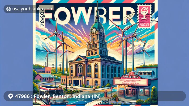 Modern illustration of Fowler, Benton County, Indiana, with ZIP code 47986, featuring landmarks like Benton County Courthouse,  Fowler Ridge Wind Farm, and Fowler Theatre, in a postcard theme with postage stamp corners.