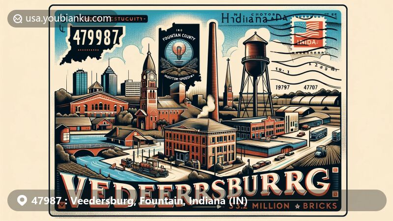Modern illustration of Veedersburg, Indiana, showcasing postal theme with ZIP code 47987, featuring historic brick industry, Indianapolis Motor Speedway contribution, agricultural and manufacturing elements, old water tower, vintage postcard aesthetics, and Indiana state flag.