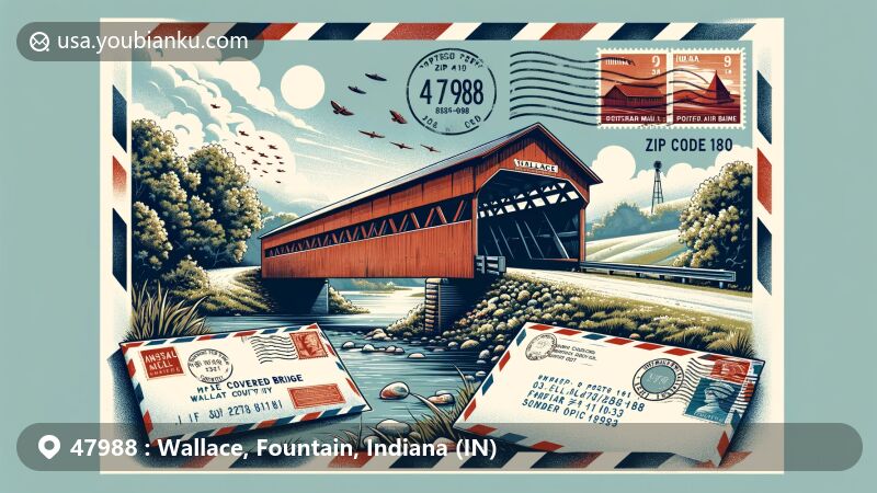 Modern illustration of Wallace Covered Bridge in Wallace, Fountain County, Indiana, with vintage air mail envelope featuring ZIP code 47988, blending historic charm and natural beauty seamlessly.