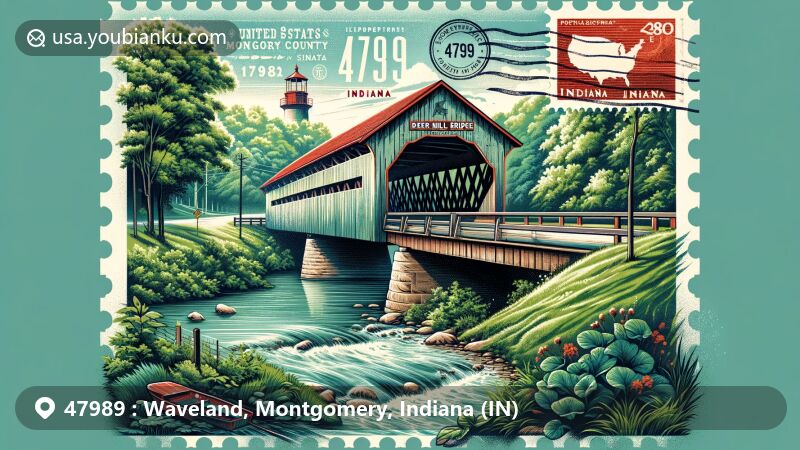 Modern illustration of Waveland, Montgomery County, Indiana, highlighting Deer's Mill Covered Bridge and lush landscape, showcasing postal theme with ZIP code 47989.
