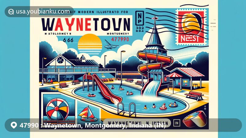 Modern illustration of Waynetown, Montgomery, Indiana, with ZIP code 47990, showcasing Aquatic Center, The Nest Art Gallery, and postal elements.