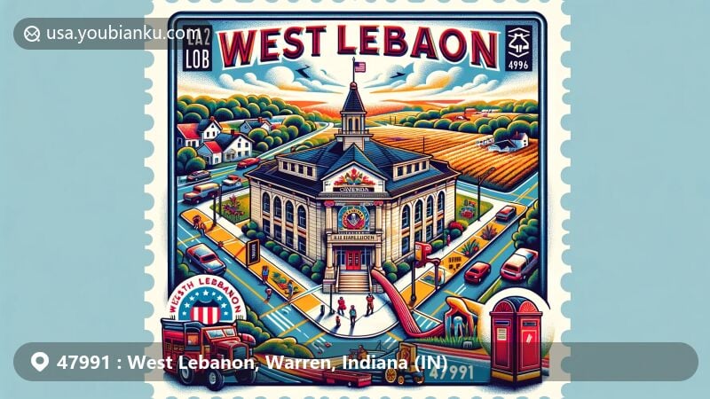 Modern illustration of West Lebanon, Indiana, showcasing postal theme with ZIP code 47991, featuring Carnegie Library, rural landscapes, West Lebanon Patriot Festival elements, vintage stamp, postmark, and airmail envelope in Indiana state flag colors.