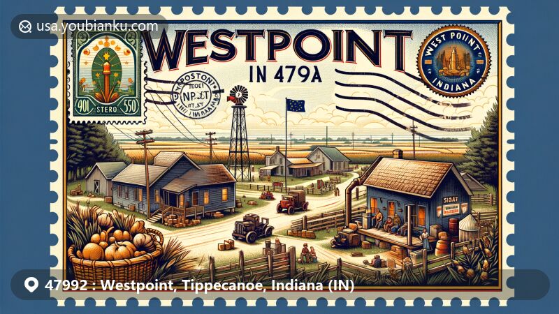 Modern illustration of Westpoint, Tippecanoe County, Indiana, featuring rural landscape and state symbols, with zip code 47992.