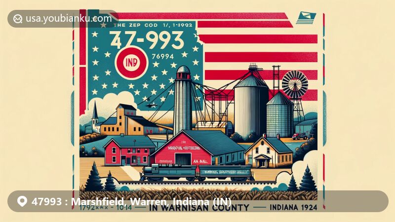 Vibrant illustration of Marshfield, Warren County, Indiana, with a focus on ZIP code 47993, showing a blend of air mail envelope, grain elevator, church, and railway line, against a backdrop of Warren County map and Indiana state flag.
