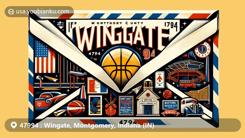 Modern illustration of Wingate, Indiana, ZIP code 47994, featuring vintage air mail envelope with Indiana state flag, Montgomery County silhouette, Midtown Museum of Native Cultures, and Wingate's basketball heritage.