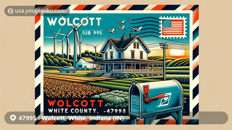 Modern illustration of Wolcott, White County, Indiana, featuring Anson Wolcott House and postal theme with ZIP code 47995, showcasing agricultural landscape and Meadow Lake Wind Farm.